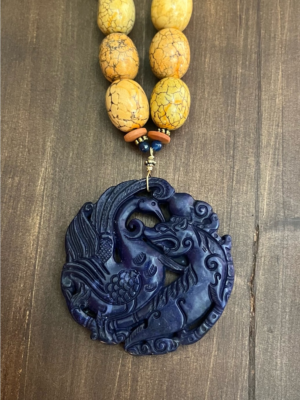 Handcrafted Blue Dragon & Phoenix Jade Pendant Necklace - with Agate accents
